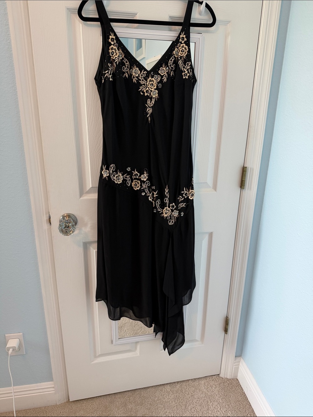 R&M Richards Black Asymmetrical Evening Dress with Ivory Floral Embroidery